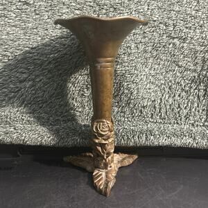 2pc Ornate Brass Sprouted Floral Bud Vase Victorian Trumpet Flower